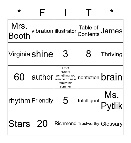 Salem Saturday F.I.T. Family BINGO Card