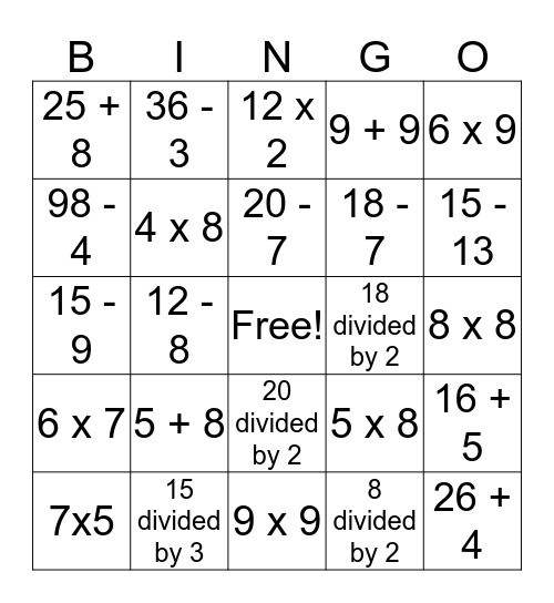 Math Facts Bingo  Bingo Card