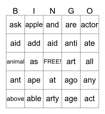 Words beginning with 'a'  Bingo Card