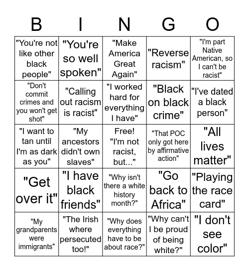 I'm not racist, but... Bingo Card