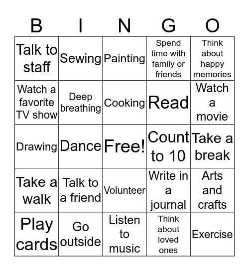 Coping Skills Bingo Card