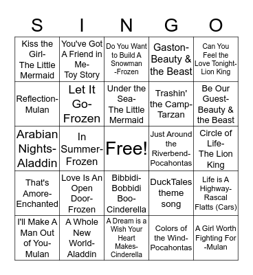 Name That Tune - DISNEY Bingo Card