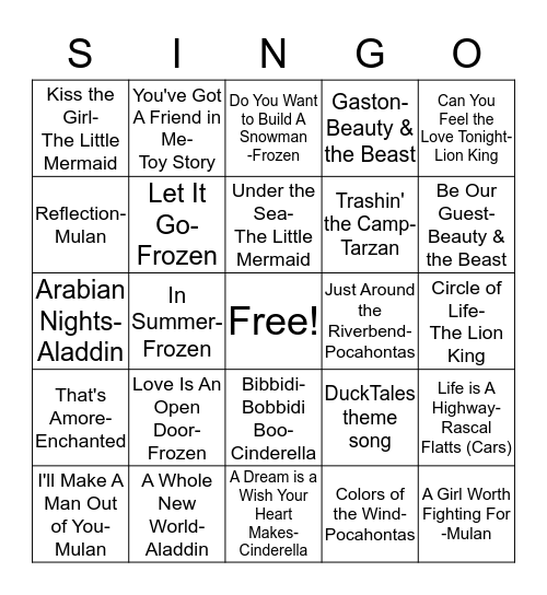 Name That Tune - DISNEY Bingo Card