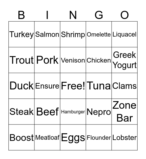 Protein Foods Bingo Card