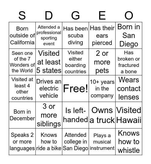 SDGE Bingo Card