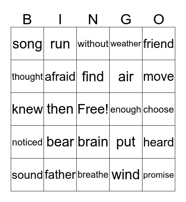 Sight Words Bingo Card