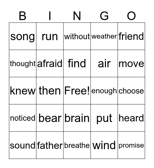 Sight Words Bingo Card