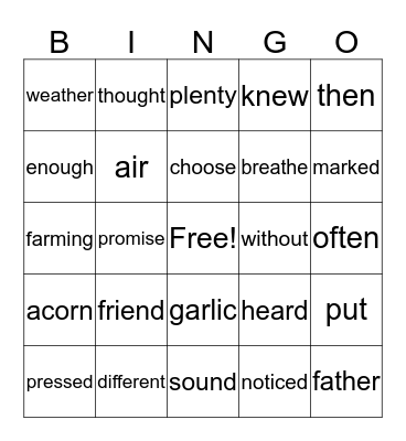 Sight Words Bingo Card