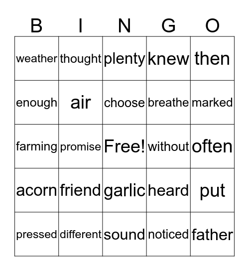 Sight Words Bingo Card