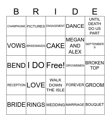 Megan's Wedding Bingo Card