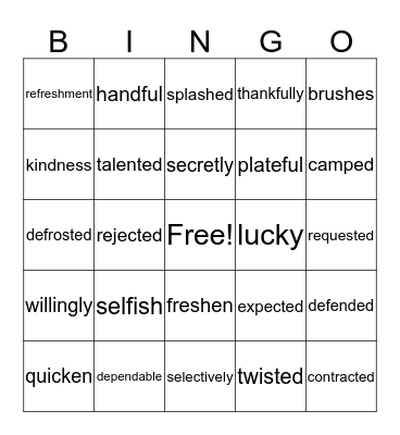 Suffixes Bingo Card