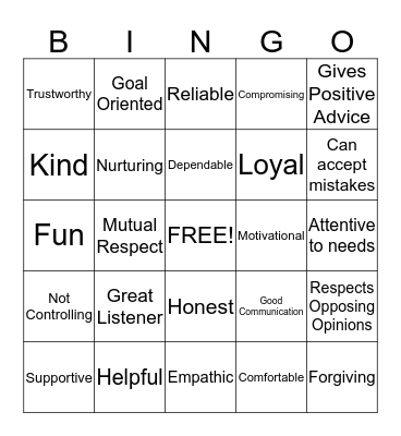 Healthy Relationship Bingo Card