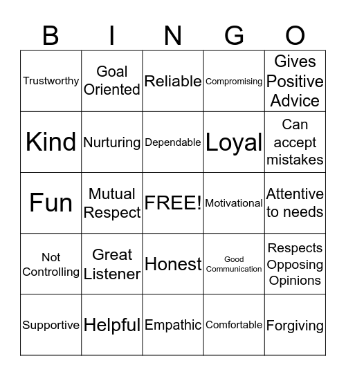 Healthy Relationship Bingo Card