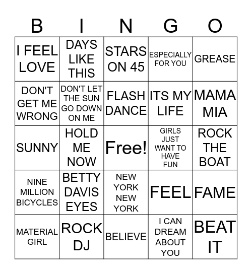 SING ALONG Bingo Card