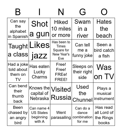 Amazing People Bingo Card