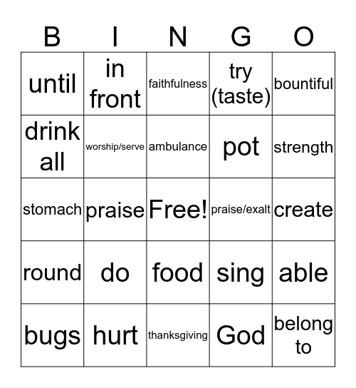 Psalms 100, Phil 4:13, EAT EAT EAT Book Bingo Card