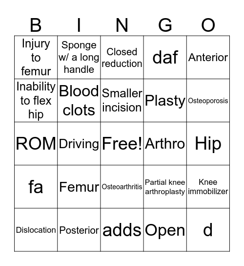 Lower Extremity Orthopedic Surgeries Bingo Card