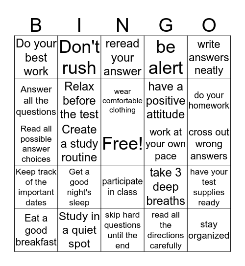 Test Taking Bingo  Bingo Card