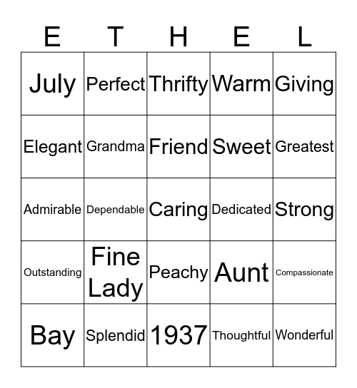 Ethel's 80th Birthday Bingo Card