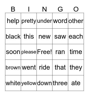 sight words Bingo Card