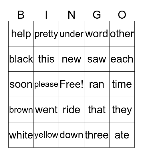 sight words Bingo Card