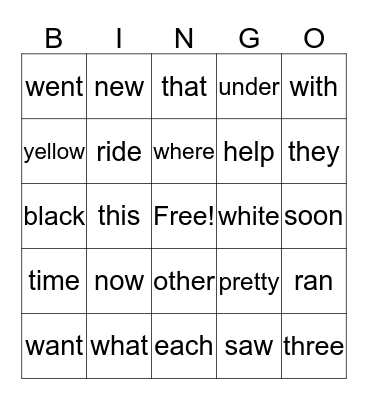 sight words Bingo Card