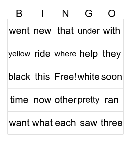 sight words Bingo Card