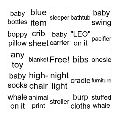 Gabby's Baby Shower Bingo Card