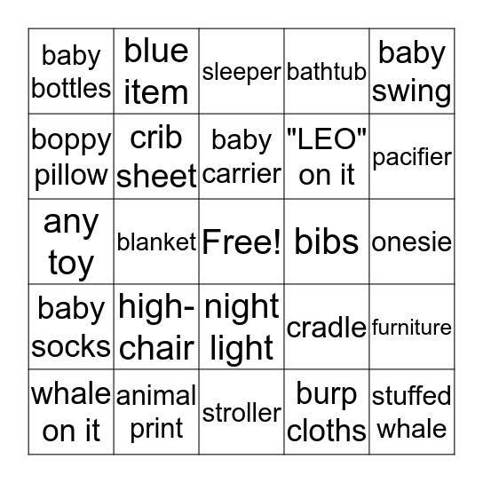 Gabby's Baby Shower Bingo Card