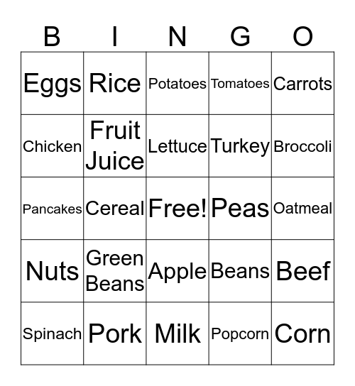 Nutrition Bingo Card