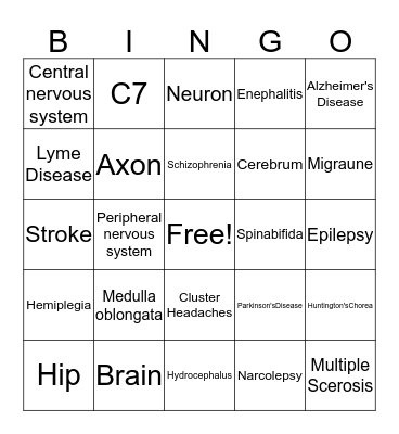 Nervous System Bingo Card
