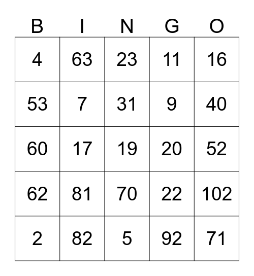 Grandparents Bingo Card