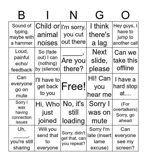 Conference call bingo Card