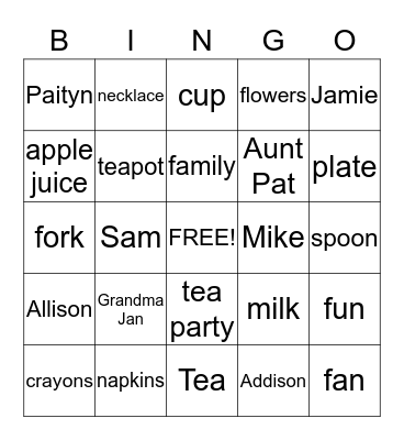 Tea Party Bingo  Bingo Card