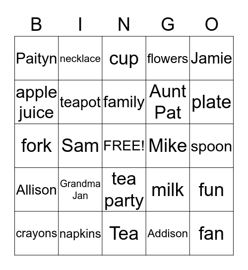 Tea Party Bingo  Bingo Card