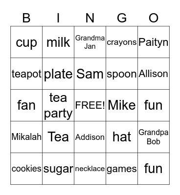 Tea Party Bingo  Bingo Card