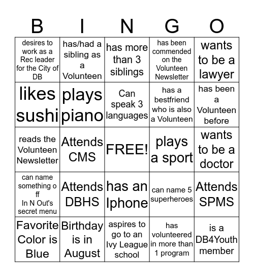 Volunteen Bingo Card