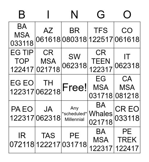 TFA BINGO - SUMMER 2017 Bingo Card