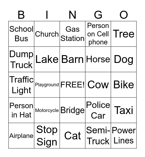 Bus Trip Bingo Card