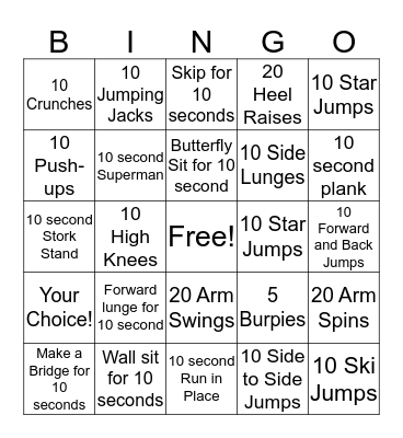 Physical Activity BINGO Card