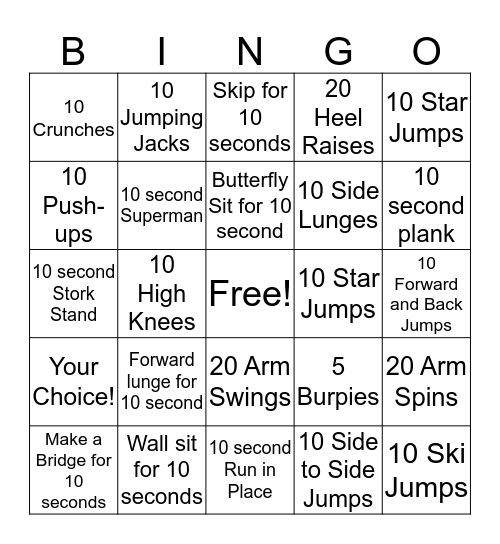 Physical Activity BINGO Card