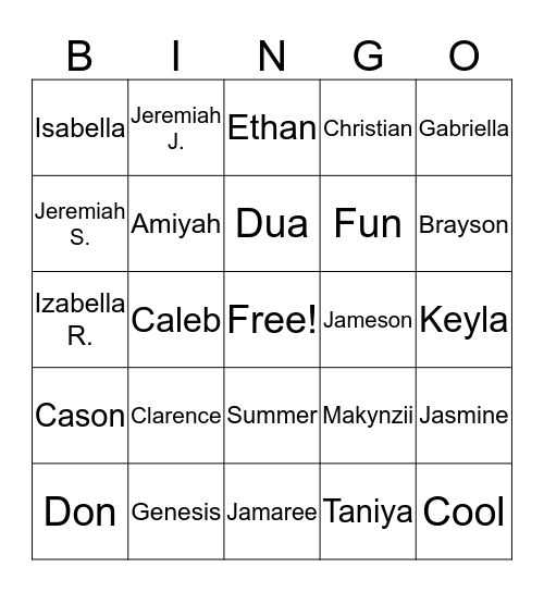 School Age Bingo Card