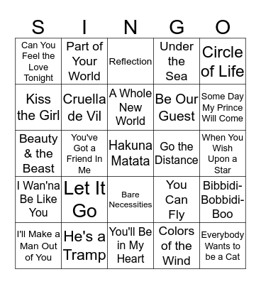 Disney Singo Bingo Card