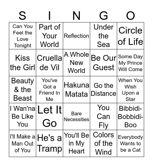 Disney Singo Bingo Card