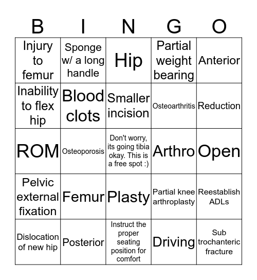 Lower Extremity Complications & Recovery Bingo Card