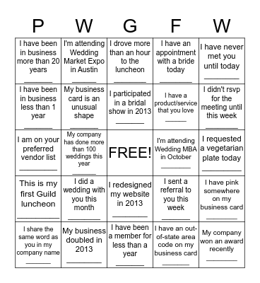 Professional Wedding Guild of Fort Worth Networking Bingo Card