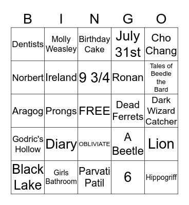 Harry Potter Bingo Card