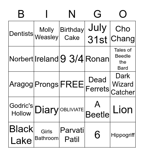 Harry Potter Bingo Card