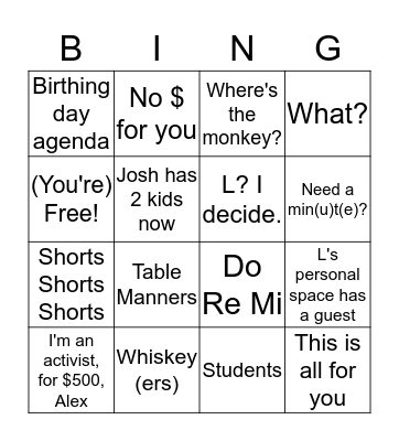 Robin's Vacation Bingo Card