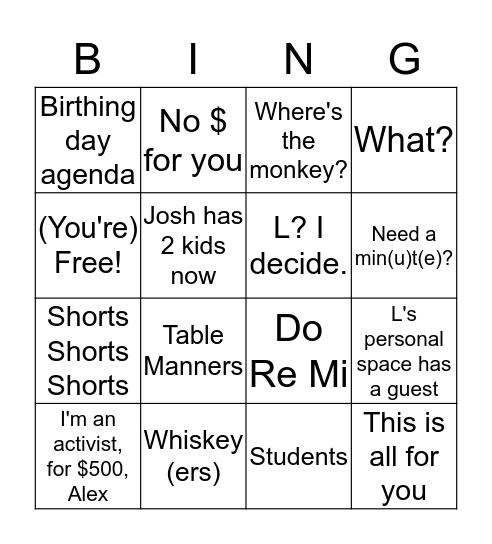 Robin's Vacation Bingo Card